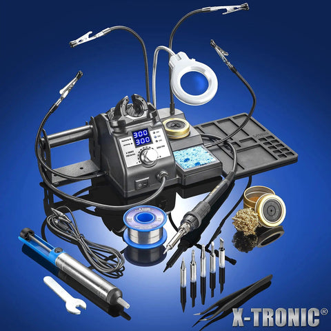Pro Grade 75W Soldering Iron Station Kit with 5 extra tips, mini mag lamp, 4 helping hands, solder sucker, tweezers, 50g solder, brass sponge