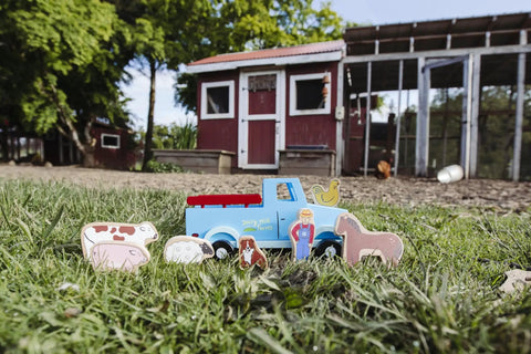 Down on the Farm Magnetic Truck Playset With 7 Barnyard Figures, Old School Wooden Pickup in front of a barn, FSC Certified Wood