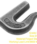 Close-up of Three Eighth Inch Weld On Grab Hook G70 forged steel, WLL 6600 lb, heavy duty with slanted bottom for secure towing.