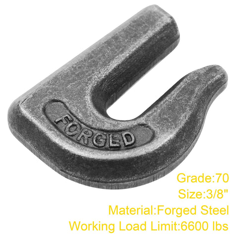 Close-up of Three Eighth Inch Weld On Grab Hook G70 forged steel, WLL 6600 lb, heavy duty with slanted bottom for secure towing.