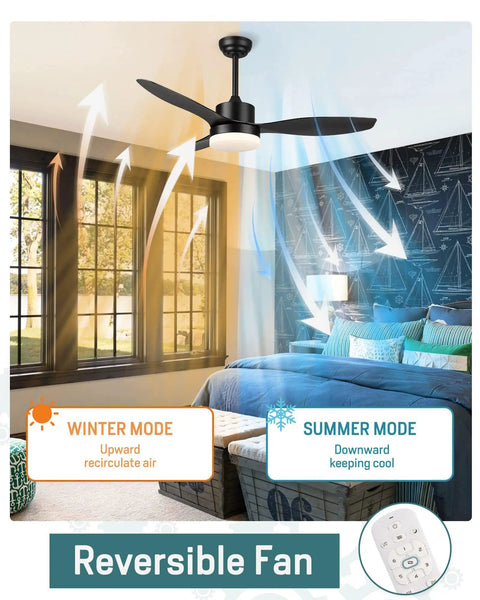Dope Modern 48 Inch Ceiling Fan With Lights And Remote Control In Matte Black showing seasonal air flow directions in a bedroom