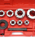 Heavy Duty Ratcheting Pipe Threader Kit Set With Seven Dies From Three Eighths To Two Inches inside red case with metal dies.