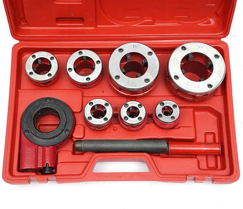 Heavy Duty Ratcheting Pipe Threader Kit Set With Seven Dies From Three Eighths To Two Inches inside red case with metal dies.