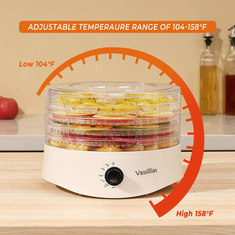 Straight Up Smooth Food Dehydrator With Adjustable Temperature Control And Expandable Trays For Drying Jerky Fruit Herbs Veggies And Fresh Homemade Snack Batches, 5 trays and temperature gauge.