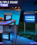 Outdoor Bug Zapper That Crushes Bugs, Sun Powered, Rechargeable 4500V High-Voltage Grid in use on patio, wall, ground at night.