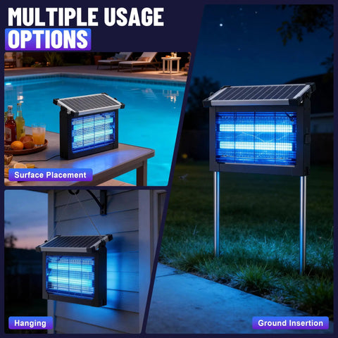 Outdoor Bug Zapper That Crushes Bugs, Sun Powered, Rechargeable 4500V High-Voltage Grid in use on patio, wall, ground at night.
