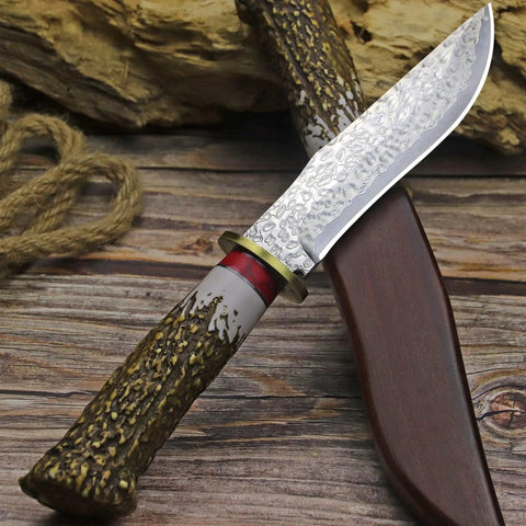 Damascus Steel Hunting Knife With Faux Antler Handle, 5.4 Inch Fixed Blade Skinner For Camping And Survival on wooden sheath