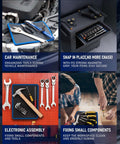 Magnetic Tool Mat Set With Four Magnetic Pads, 40 Pound Capacity, Telescoping Magnetic Pickup Tool And 360 Degree Inspection Mirror in use during auto repair and maintenance.