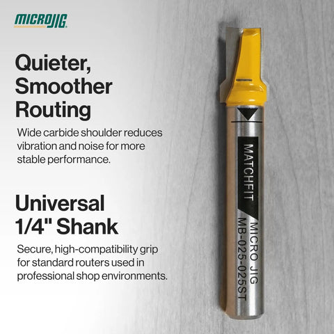 Matchfit One Quarter Inch Relief Router Bit For Straight Grooves And Dovetail Tracks In Woodworking Cabinets And Furniture Projects Slick Carbide For Quiet, Clean Cuts MB-025-025ST Yellow displayed with features.