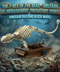 Mosasaurus Fossil Building Block Set With Gear Driven Skeleton and Display Base shown underwater with fossils and coral.