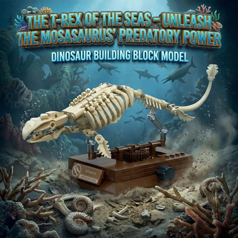 Mosasaurus Fossil Building Block Set With Gear Driven Skeleton and Display Base shown underwater with fossils and coral.