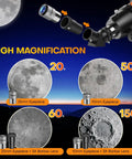 High magnification view through 90mm Refractor Telescope For Beginners And Kids With Tripod And Phone Mount, Portable Kit, Orange.