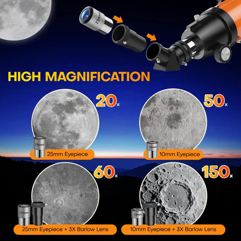 High magnification view through 90mm Refractor Telescope For Beginners And Kids With Tripod And Phone Mount, Portable Kit, Orange.