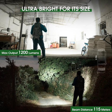 Man using Rechargeable 1200 Lumen EDC Flashlight With Clip AA Pocket Light For Camping Home And Emergencies in a dim warehouse and outdoors