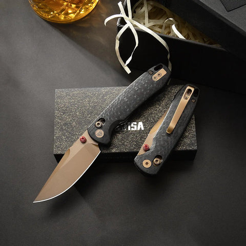 Dope Rose Gold Folding Knife for Men and Women with G10 handle and PVD finish on a box, open and closed view.