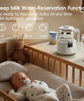 No Fuss Baby Bottle Warmer And Electric Kettle featuring a digital screen, formula canister, and baby sleeping in a crib.