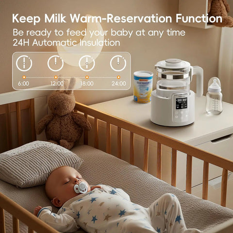 No Fuss Baby Bottle Warmer And Electric Kettle featuring a digital screen, formula canister, and baby sleeping in a crib.