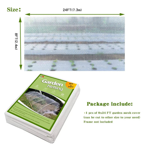 8x24ft Garden Netting Pest Barrier with 0.8mm mesh, packaged with dimensions, protects vegetables, fruits, and flowers.