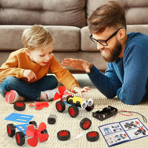 Wind Powered Car STEM Kit 5 Pack For Kids Kid Friendly Hands On Science Toys With Complete Accessories Clear Instructions And Screwdriver, father and child building car