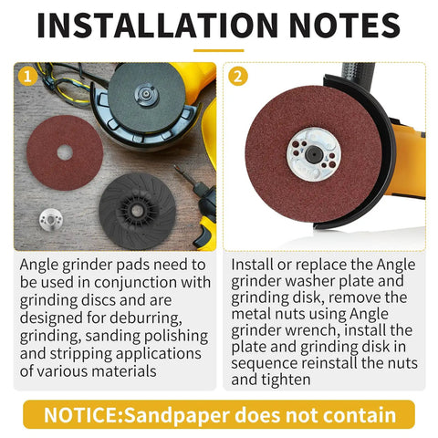 Installation notes for Tough As Nails Heavy Duty Angle Grinder Backing Pad Two Pack Ribbed Resin Fiber Disc.