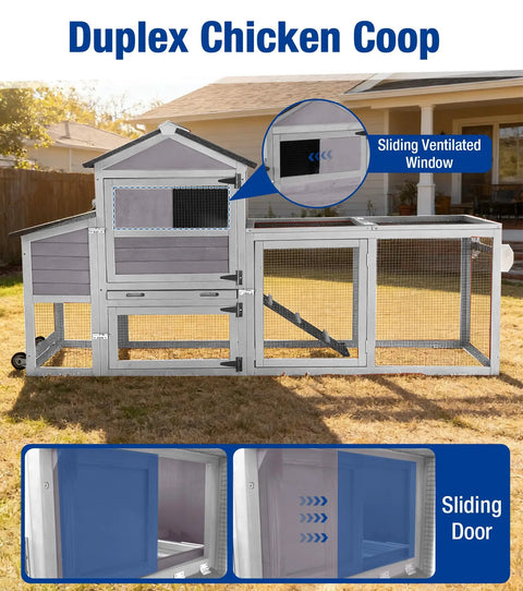Mobile Chicken Coop With Run And Wheels, grey hen house on wheels with sliding vent window, duplex chicken cage in garden