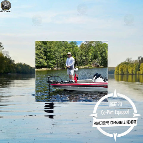 Person fishing on a boat using Replacement Unit For Co Pilot Equipped PowerDrive Trolling Motors Fits Riptide PowerDrive BT 2017 2023