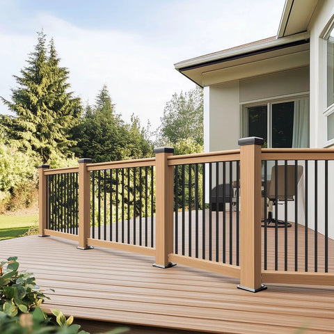 Side view of deck with 25 Pack 26 Inch Black Metal Deck Balusters Rectangular Stair Spindles For Deck Railing System