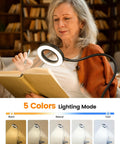 Person reading a book with 10X Lighted Magnifying Glass With LED Clip On Reading Lamp, multiple lighting modes displayed below.
