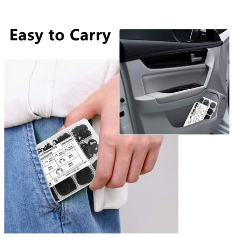 Person carrying 400 Piece Car E Clips Kit With Alloy Steel Retaining Rings External Snap Rings in pocket and car storage compartment.