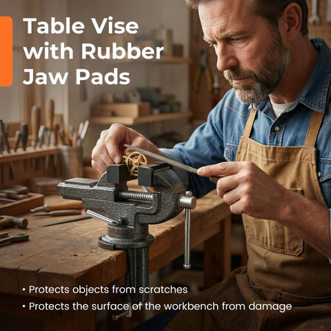 Heavy Duty Bench Vise With 360 Swivel Base Clamp On Mount For Woodworking And Metal Projects Featuring Kickass Non Slip Grip and Universal Table Mounting Rig Top Shelf Build used on a workbench with rubber jaw pads.