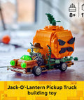 Jack O Lantern Pumpkin Pickup Truck Building Set For Kids Super Cool Halloween Build With Farmer Minifigure Sweet Plastic Bricks For Chill Fall Vibes And Totally Awesome Playtime Fun displayed on a wooden table.