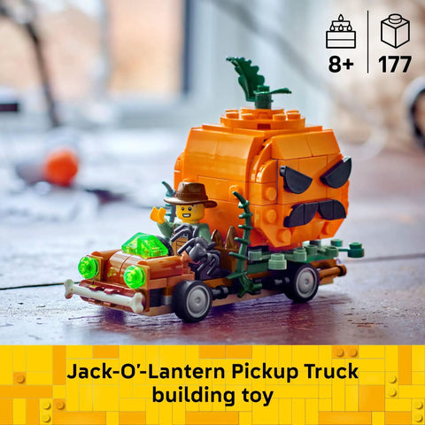 Jack O Lantern Pumpkin Pickup Truck Building Set For Kids Super Cool Halloween Build With Farmer Minifigure Sweet Plastic Bricks For Chill Fall Vibes And Totally Awesome Playtime Fun displayed on a wooden table.