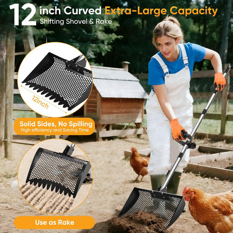 Woman using Heavy Duty 12 Inch 2-In-1 Chicken Poop Scooper And Rake With Ergonomic Grip Adjustable Angle Stainless Steel Coop Cleaner