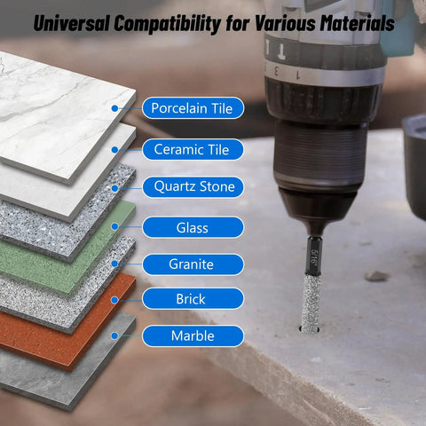 Drill using 12 Piece Diamond Drill Bit Set With 35mm Extended Diamond Brazed Grinding Surface for various tiles and stones.