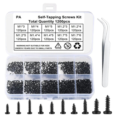Hella Strong 1200 Piece Micro Tapping Screws Tight Cross Drive Threads Sleek Flat Heads Zero Slack For Circuit Boards And Diy Crafts Ready To Go Boxed Set with various sizes.