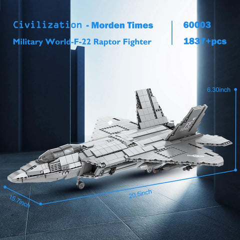 F-22 Raptor Fighter Jet Building Block Set on display with dimensions, 1837 pieces for military aircraft lovers and collectors.