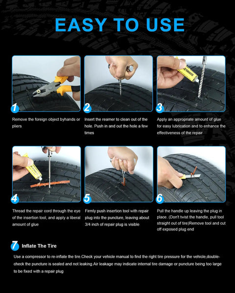 Step-by-step guide for Heavy Duty Tire Repair Kit With Plugs T Handle Probe Insert Tool Glue And Case For Car Truck Motorcycle Atv.