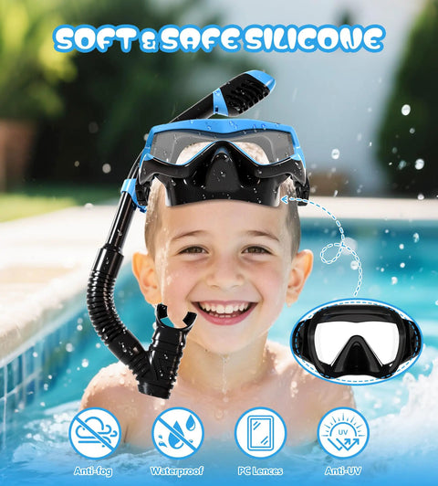 Child wearing Panoramic Snorkel Mask With Top Dry Valve For Adults Kids And Teens Anti Fog Anti Leak Wide View PC Lens