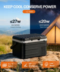 Heavy Duty 12V Car And Truck Refrigerator With A Hella Efficient Compressor 11 Qt Portable Electric Cooler Freezer outdoors next to a tent.