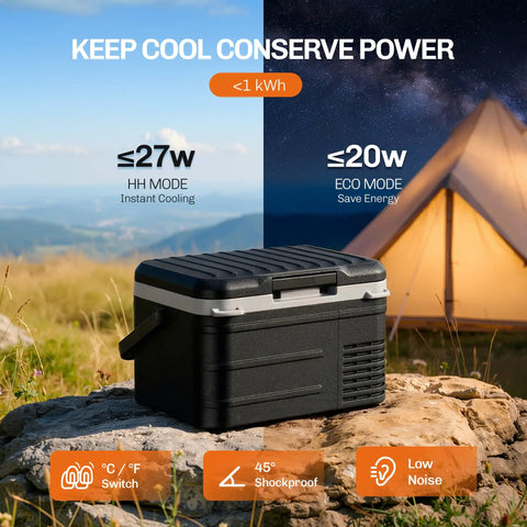 Heavy Duty 12V Car And Truck Refrigerator With A Hella Efficient Compressor 11 Qt Portable Electric Cooler Freezer outdoors next to a tent.