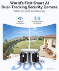 Solar Powered Outdoor Security Cam With Dual 3K AI Lenses, 300° dynamic tracking, color night vision, in a garden setting