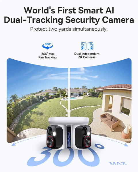 Solar Powered Outdoor Security Cam With Dual 3K AI Lenses, 300° dynamic tracking, color night vision, in a garden setting