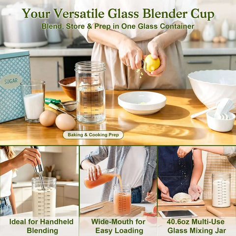 40 Oz Glass Blending Cup For Immersion Blenders With Dual Sealed Lids Wide Mouth Measuring Beaker For Smoothies And Kitchen Prep in use.