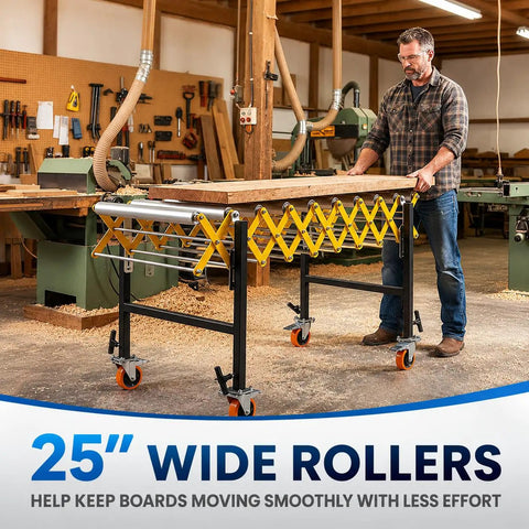 Rock Solid Heavy Duty Adjustable Roller Conveyor 1000 Lb Capacity 25 Inch Wide Stainless Steel Rollers in workshop with wood slabs.