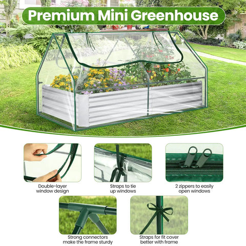 Galvanized Raised Garden Bed With Cover And Mini Greenhouse Kit Extra Thick Metal Planter Box Roll Up Screen Windows