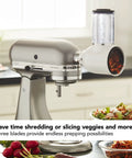 Fresh Prep Slicer Shredder Stand Mixer Attachment for Quick Slicing Grating Shredding attached to silver mixer in kitchen