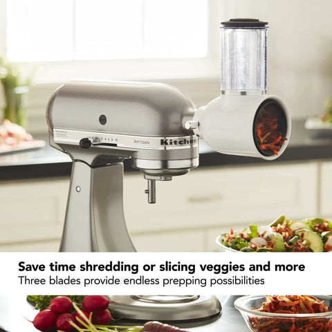 Fresh Prep Slicer Shredder Stand Mixer Attachment for Quick Slicing Grating Shredding attached to silver mixer in kitchen