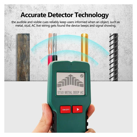 Straight Up 4 In 1 Wall Scanner And Stud Finder displays LCD with buttons, demonstrating detection of wood, metal, and wires.