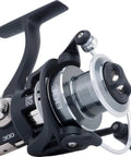 Beefy Eight Bearing Spinning Reel With Instant Anti Reverse, Bail Halo, polymeric body, aluminum handle and spool, side angle view.