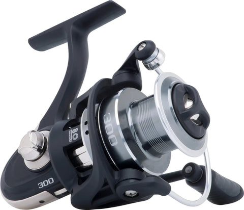 Beefy Eight Bearing Spinning Reel With Instant Anti Reverse, Bail Halo, polymeric body, aluminum handle and spool, side angle view.